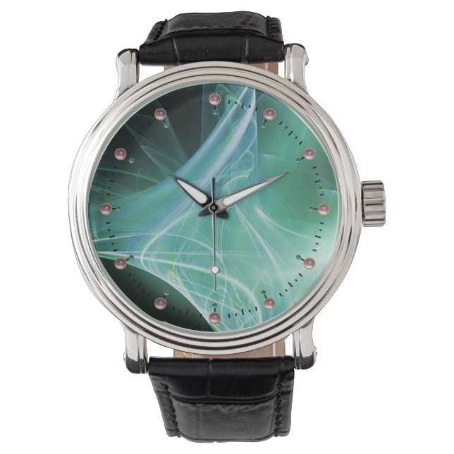 FRACTAL SWIRLS IN TEAL BLUE GREEN TURQUOISE WATCH (Front)