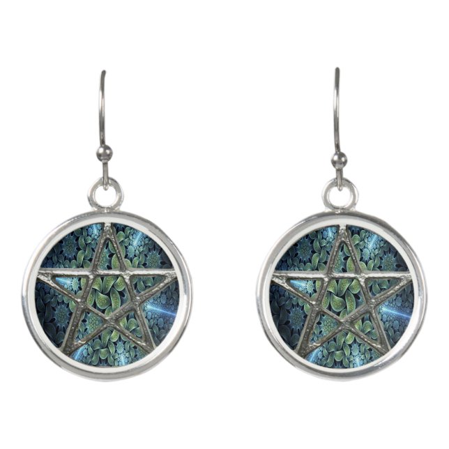Fractal Water Pentagram Pentacle Wicca Earrings (Front)