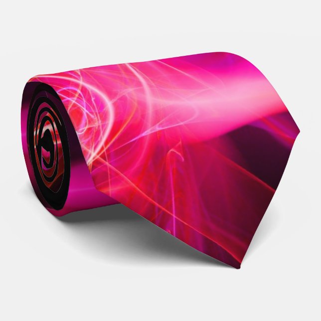 FRACTAL WAVES AND SWIRLS IN RED PINK FUCHSIA BLACK NECK TIE (Rolled)