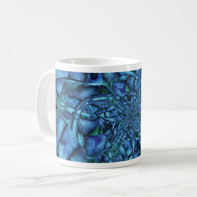 Fractal with Blue Gray and Green Geometric Shapes Coffee Mug (Front Left)