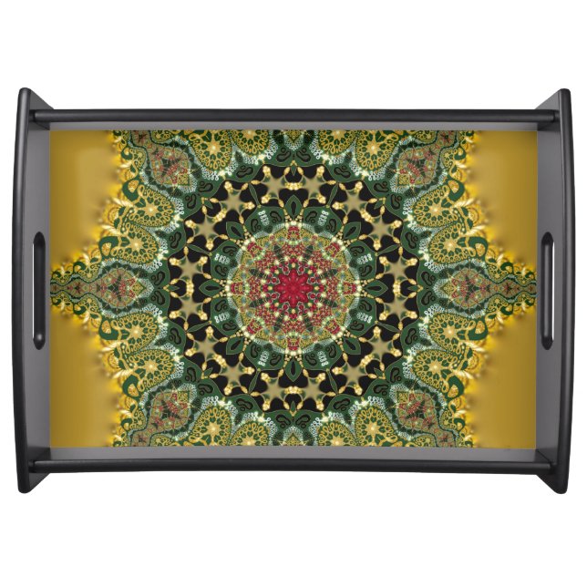 FractaLace Red Gold Green Mandala Energy Serving Tray (Front)