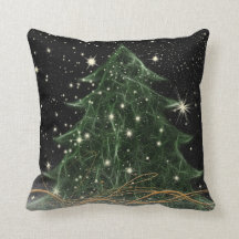 Fractalius / Green Tree and Stars Throw Pillow