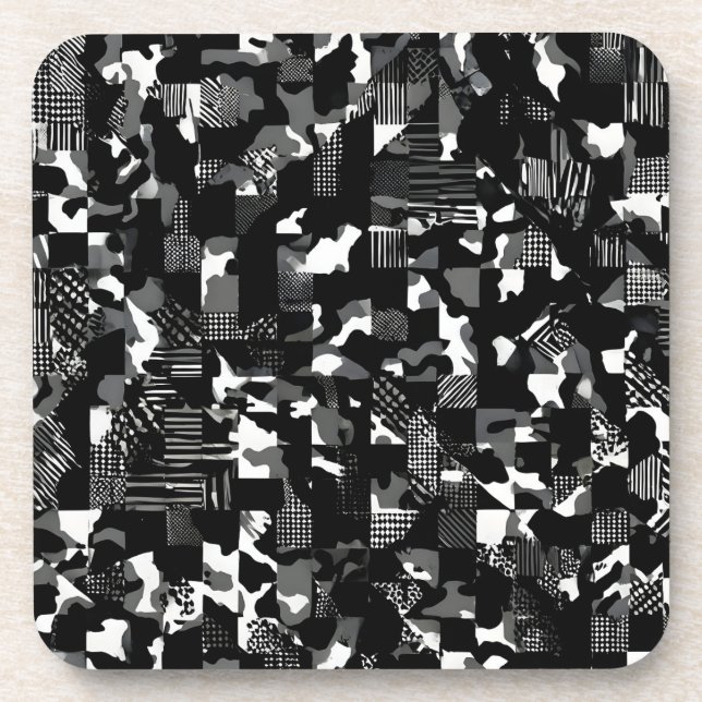 "Fractura" - Black White Camouflage Pattern  Beverage Coaster (Front)