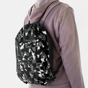"Fractura" - Black White Camouflage Pattern Drawstring Bag