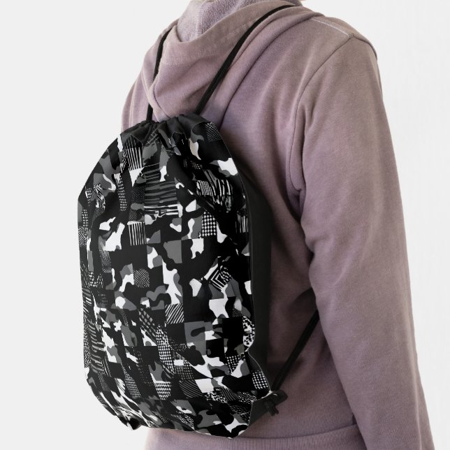 "Fractura" - Black White Camouflage Pattern  Drawstring Bag (Insitu)
