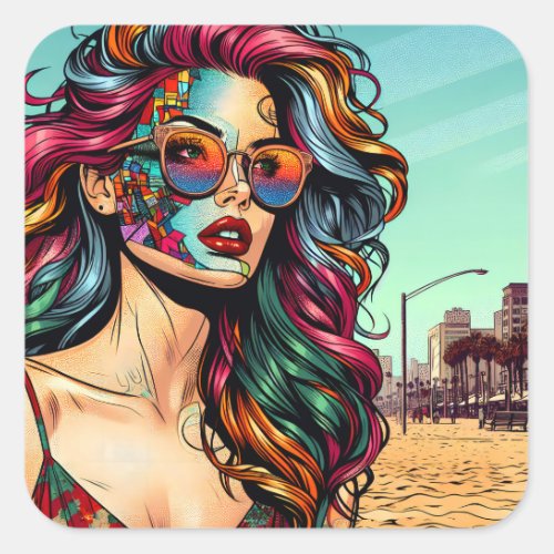 Fractured Art  Abstract Woman at Beach Square Sticker