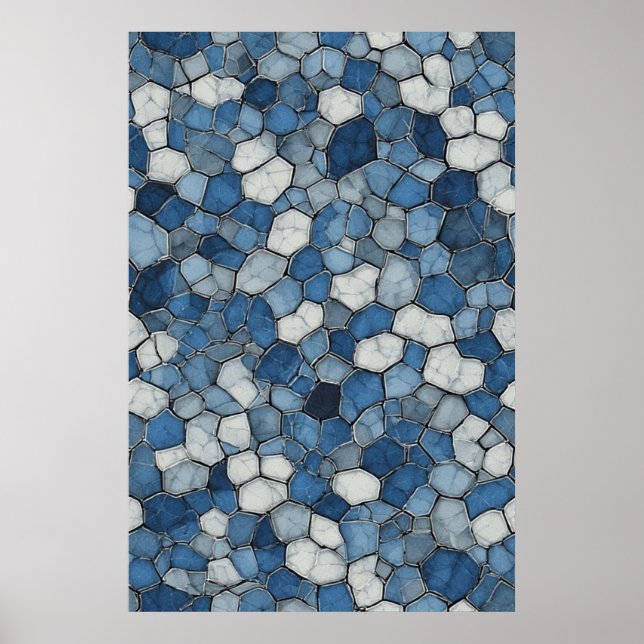 Fractured Honeycomb: Blue Cracked Tile Pattern Poster (Front)