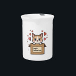 Fragile: Contains Love Beverage Pitcher<br><div class="desc">This charming design features an adorable cartoon kitten that sits from a cardboard box labeled "Fragile: Contains Love." The funny and moving illustration is surrounded by floating red hearts, which give a touch of fantasy and love to the scene. Perfect for cat lovers, this design conveys warmth, love and a...</div>