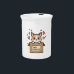 Fragile: Contains Love Beverage Pitcher<br><div class="desc">This charming design features an adorable cartoon kitten that sits from a cardboard box labeled "Fragile: Contains Love." The funny and moving illustration is surrounded by floating red hearts, which give a touch of fantasy and love to the scene. Perfect for cat lovers, this design conveys warmth, love and a...</div>
