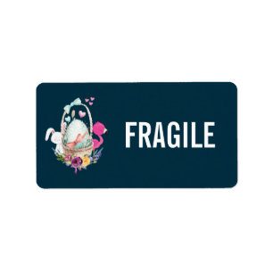 Fragile Cute Egg, Pink Flamingo & Bunny Watercolor Label