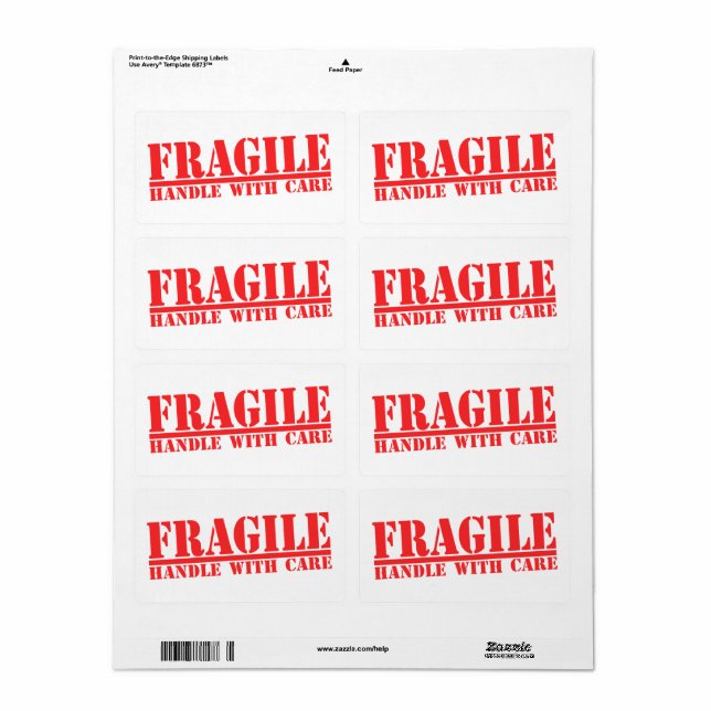 Fragile Handle With Care Shipping Labels Red Text (Full Sheet)