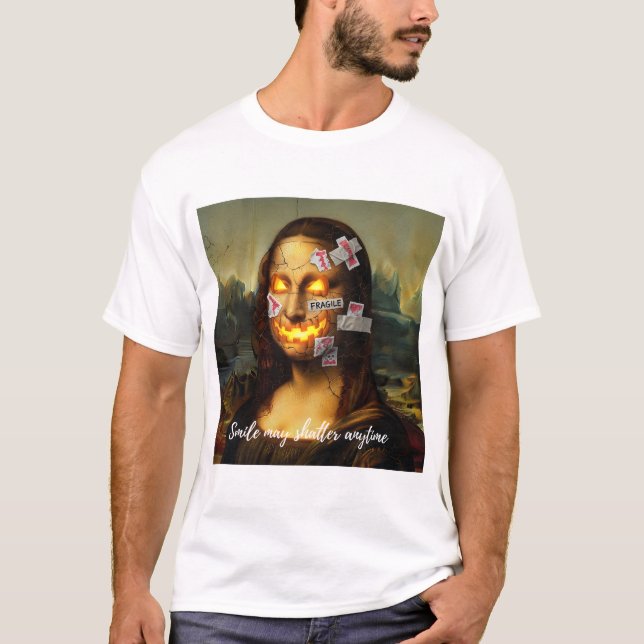 Fragile Meme Art – Mona Lisa Pumpkin Smile Parody T-Shirt (Front)