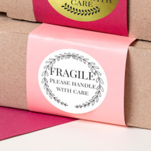 Fragile please handle with care leaves wreath classic round sticker