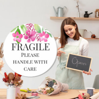 Fragile please handle with care pink floral classic round sticker