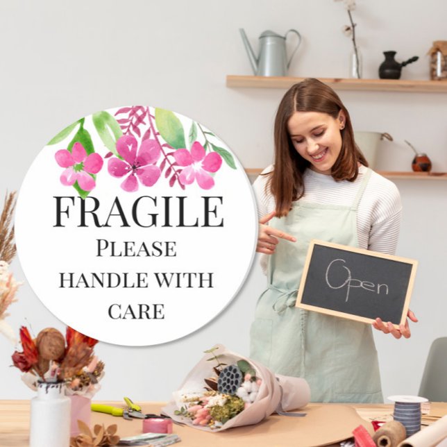 Fragile please handle with care yellow pink floral classic round sticker (Creator Uploaded)