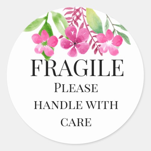 Fragile please handle with care yellow pink floral classic round sticker