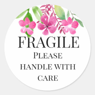 Fragile please handle with care yellow pink floral classic round sticker
