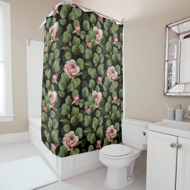 Fragile roses. Floral pattern on black Shower Curtain (In Situ)