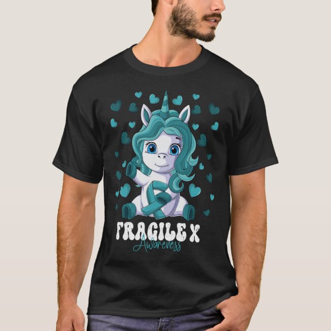 Fragile X Awareness Month Teal Ribbon Unicorn T-Shirt (Front)