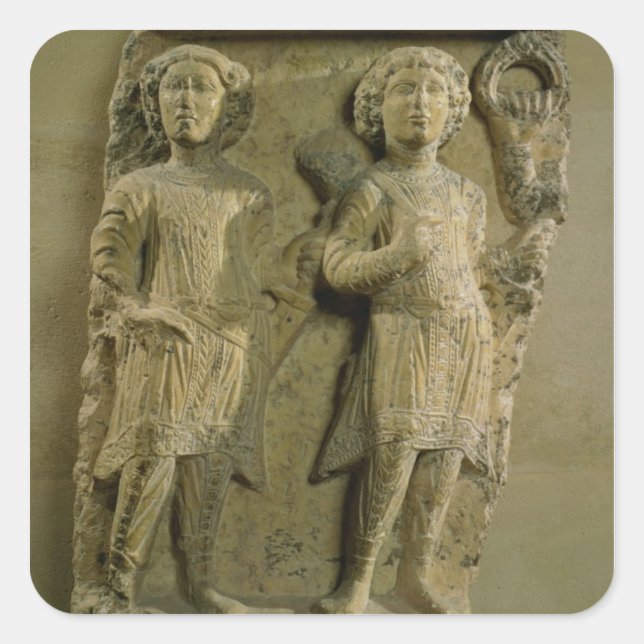 Fragment of a bas-relief plaque depicting two sold square sticker (Front)
