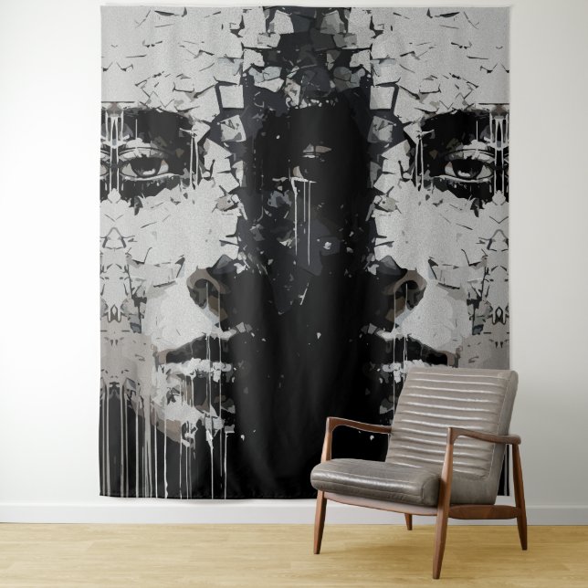 Fragmented Face: Dark Abstract Expression Tapestry (In Situ)