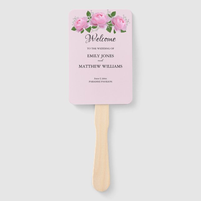 Fragrant Pink Roses, Wedding Program  Hand Fan (Front)