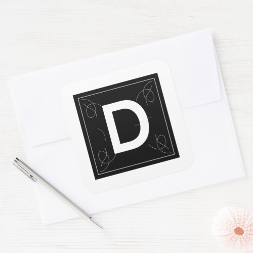 Frame and Flourish Monogram Letter D on White Square Sticker