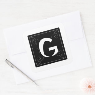 Frame and Flourish Monogram Letter G on White Square Sticker