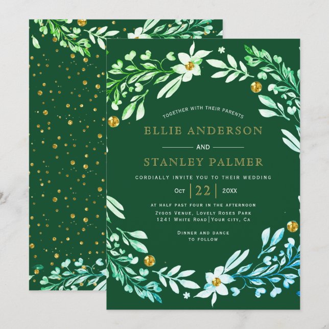 Frame and gold confetti emeral green wedding invitation (Front/Back)