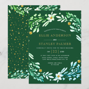 Frame and gold confetti emeral green wedding invitation