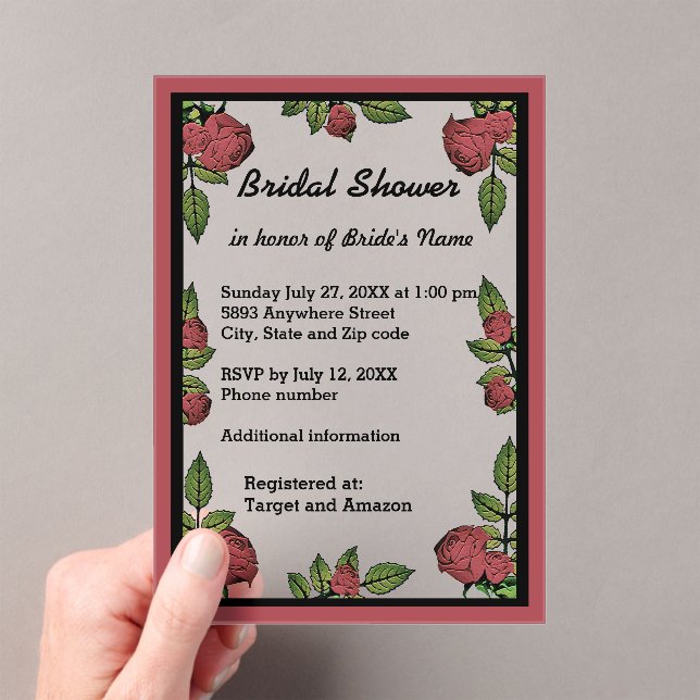 Frame and Red Roses Bridal Shower Acrylic Invitations (Insitu (Handheld))