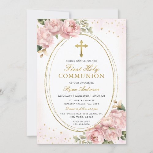 Frame Blush pink Roses First Holy Communion  Invitation