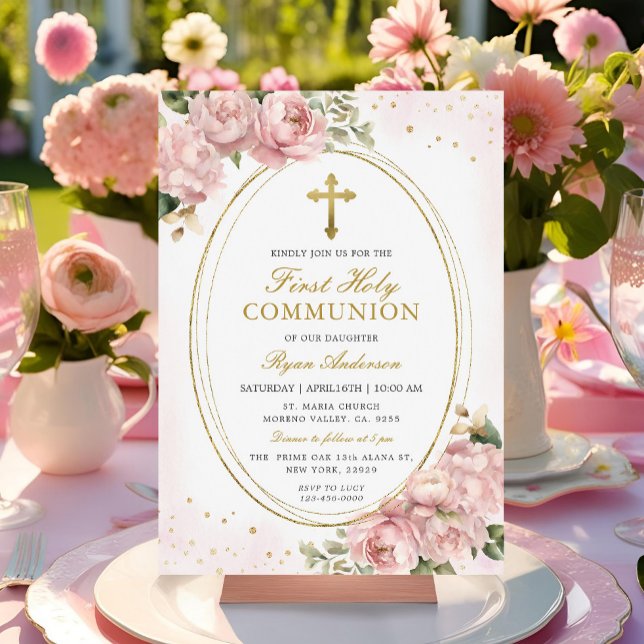 Frame Blush pink Roses First Holy Communion  Invitation (Creator Uploaded)