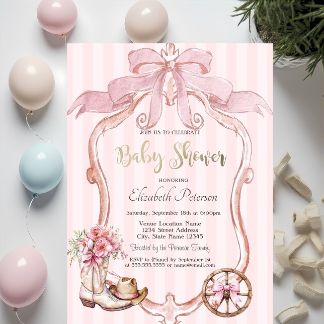 Frame Bow Cowgirl Wester Striped Baby Shower  Invitation (Creator Uploaded)