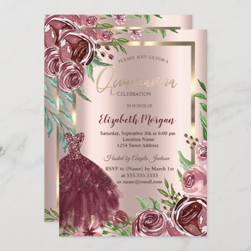 FrameBurgundy Roses Dress Rose Gold Quinceanera Invitation