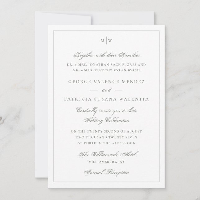 Frame Classic Monogram Sage Gray White Wedding Invitation (Front)
