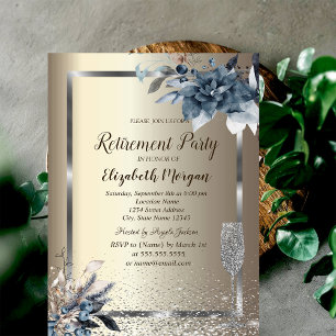 Frame Confetti Winter Flowers Champagne Retirement Invitation
