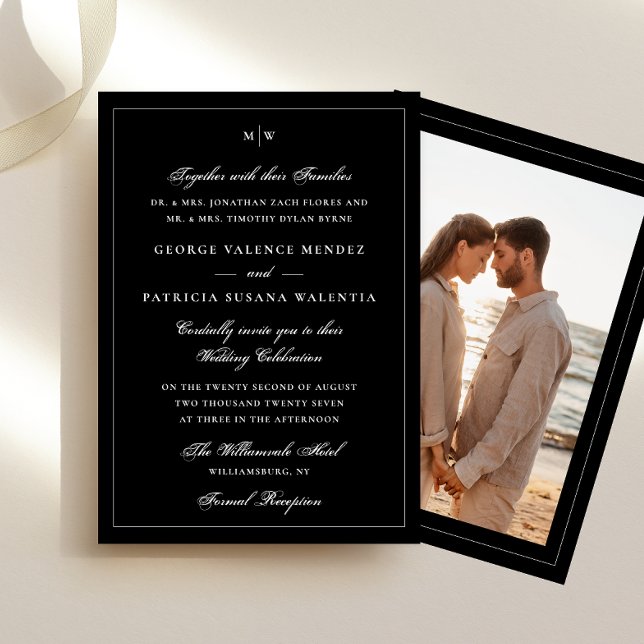 Frame Elegant Monogram Black Photo Back Wedding Invitation (Creator Uploaded)