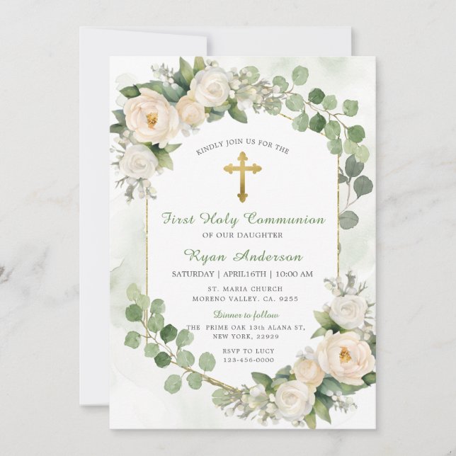 Frame Greenery Floral First Holy Communion  Invitation (Front)