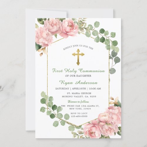 Frame Greenery Pink Roses First Holy Communion  Invitation