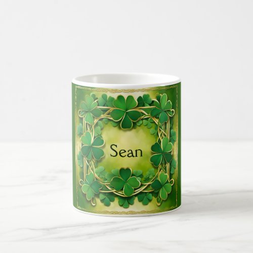Frame of Green Shamrocks and Gold Knotted Wreath Coffee Mug