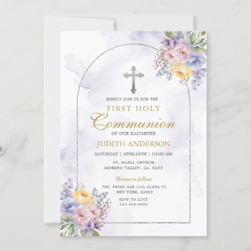 Frame Purple Roses First Holy Communion  Invitation