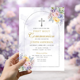 Frame Purple Roses First Holy Communion  Invitation