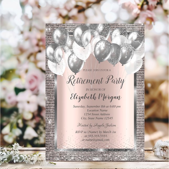 Frame Sequins Balloons Rose Gold Retirement  Invitation (Creator Uploaded)