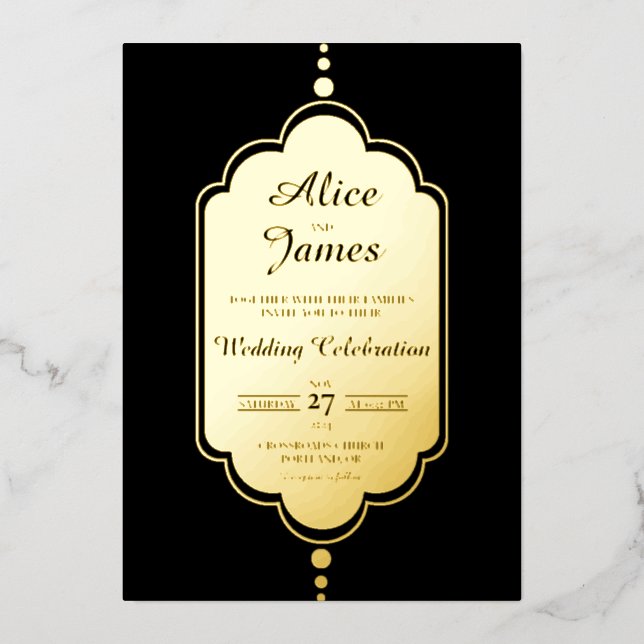 Frame Trim Elegant Black Gold Foil Islamic Wedding Invitation (Front)