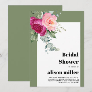 Frame with eucalyptus and pink roses bridal shower invitation
