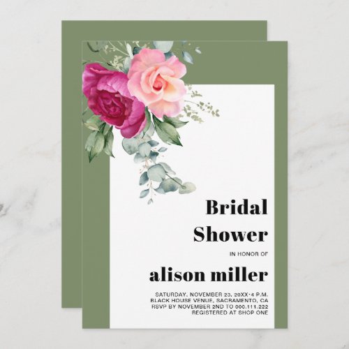 Frame with eucalyptus and pink roses bridal shower invitation