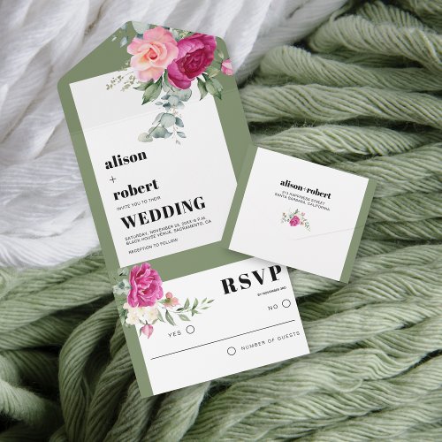 Frame with eucalyptus and pink roses wedding all in one invitation