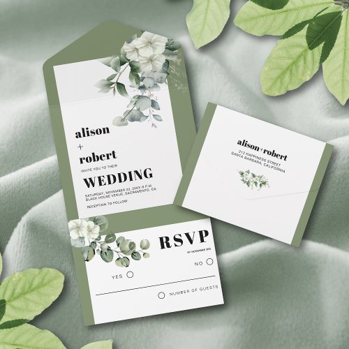 Frame with eucalyptus and white flowers wedding all in one invitation