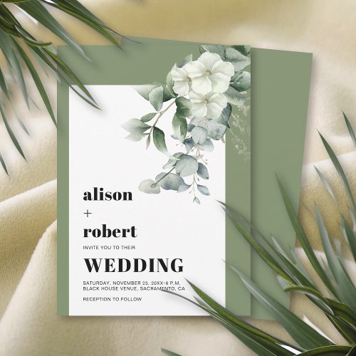 Frame with eucalyptus and white flowers wedding invitation